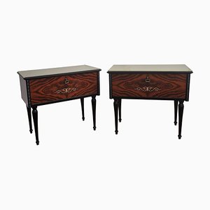 Italian Art Deco Style Walnut Bedside Tables with Glass Tops, 1950s, Set of 2