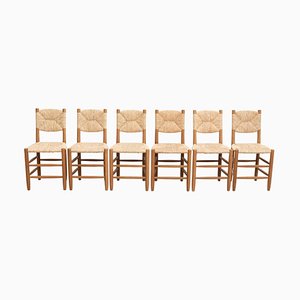 Set of 6 After Charlotte Perriand N.19 Chairs, Wood Rattan, Mid-Century Modern by Charlotte Perriand, 1980s, Set of 6