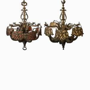 Bronze and Brass Chandeliers in the style of Guada, Set of 2