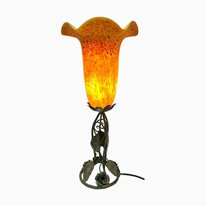 Art Nouveau French Wrought Iron Lamp with Glass Shade, 1920s