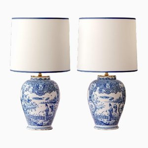 Lampes de Bureau Bleues et Blanches de Delftware, Set de 2