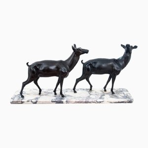 Bronze Hinds on a Stone Base Figures, France, 1920s