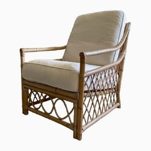 Mid-Century Italian Armchair in Bamboo with Cushion Seat and Cane Detailing, 1970s