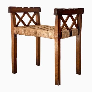 Rustic Stools in Chestnut and Straw, 1940s, Set of 4