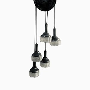 Vintage Industrial Suspension Lamp in Brass with Five Crystal Balls
