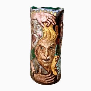 Vaso vintage dipinto a mano con facce attribuite a Tullio Dalbisola, anni '60