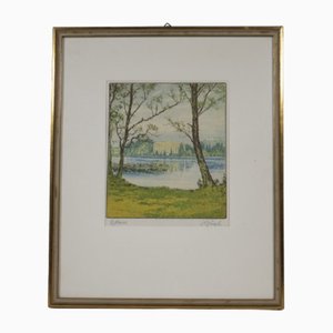 Münzel, Trees by the Lake, década de 1890, Litografía