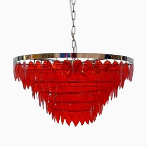 Italian Chandelier with Chromed Metal Frame and 6 Circles of Red Glass Pendants, 1990s