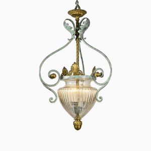 Vintage Wrought Iron and Blown Glass Lantern Hanging Light