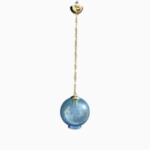 Lampada a sospensione in vetro di Murano blu e ottone di Venini, anni '50