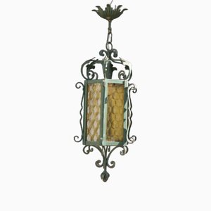 Lantern Hanging Light in Green Metal & Yellow Murano Glass, Italy, 1950s