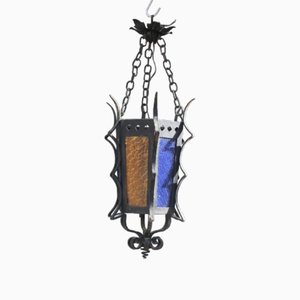 Small Italian Lantern Hanging Light in Wrought Iron and Colored Glass, 1940s