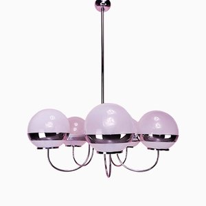 Vintage Space Age Chandelier with Chromed Metal Structure and White Shaded Glass Spheres, 1970s