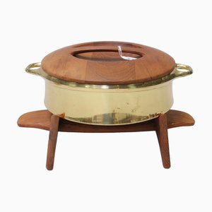 Brass Model 1310ch Pot with Lid and Teak Stand by Jens Quistgaard for Dansk Design, 1950s, Set of 3