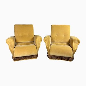 Vintage Lounge Chairs in Yellow Velvet, 1950s, Set of 2