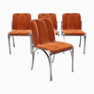 Sedie da pranzo in metallo cromato e velluto arancione, anni '70, set di 4