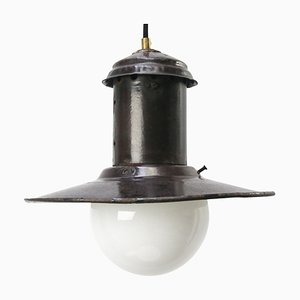 Lampe à Suspension Industrielle Vintage en Émail Marron et Verre Opalin