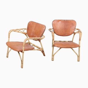 Mid-Century Lounge Chairs in Bamboo and Leather, Denmark, 1950s, Set of 2