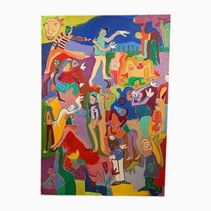 Artista de la escuela inglesa, bailarines abstractos, 1974, acrílico sobre madera