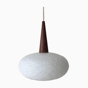 Opaline Glass and Teak Pendent Lamp by Louis Kalff for Philips, 1960s