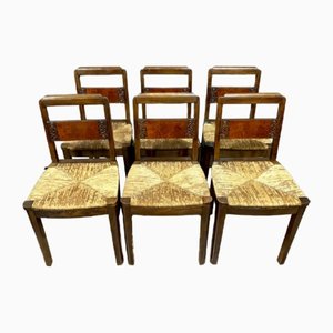 Art Deco Dining Chairs in Walnut and Burl in the Style of Charles Dudouyt, Set of 6