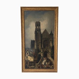 Joseph Bles, Church Scene, 1800s, Oil on Canvas, Framed
