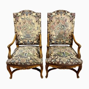 Large Louis XV Armchairs in Cherry with Floral Tapestry, Set of 2