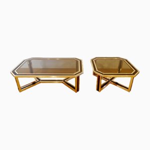 Low Italian Tables in Brass and Smoked Glass, 1970s, Set of 2