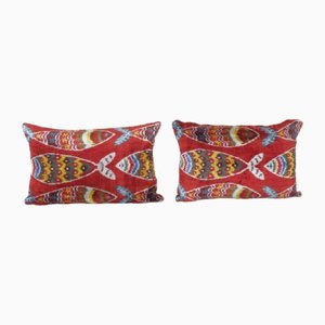 Bohemian Fish Figured Silk Ikat Velvet Cushion Covers, 2010s, Set of 2