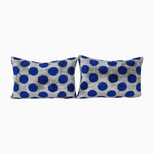Blue Silk and Velvet Ikat Cushion Covers, Set of 2