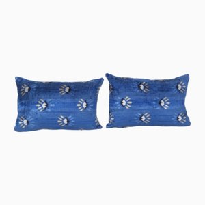 Housses de Coussin Ikat en Soie et Velours Bleus, Set de 2