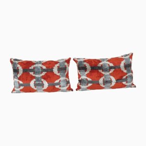 Red Velvet and Silk Ikat Lumbar Cushion Covers, 2010s, Set of 2