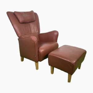 Vintage Leather Relax Chair & Ottoman from Swedese, 1980s, Set of 2