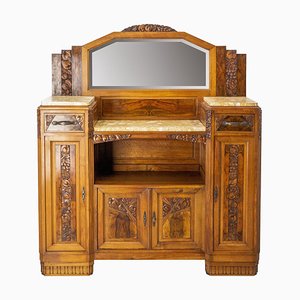 Art Deco Walnut Marble with Mirror Buffet Cabinet, France, 1930s