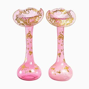 Large 19th Century Pink Crystal Tulip Vases, Set of 2