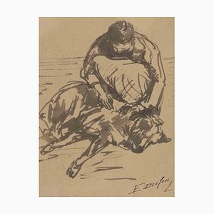Edmond Dufeu, Woman with Dog, Watercolor Drawing, 19th Century