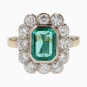 Rechteckiger 18 Karat Smaragd Diamanten Gelbgold Platin Ring, 1960er