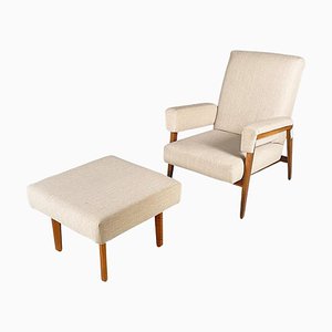 Mid-Century Italian Modern Beige Fabric and Wood Armchair with Pouf, 1960s, Set of 2