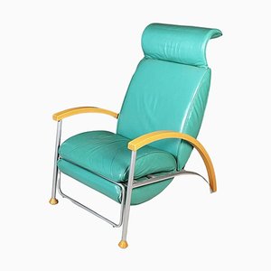 Moderner italienischer Sessel aus Leder, Holz & Metall in Aquagrün, 1980er