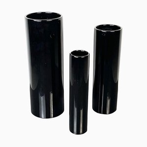 Modern Italian Black Glazed Ceramic Cylindrical Vases by Milesi Milano, 1980s, Set of 3