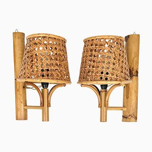 Italian Louis Sognot Style Sconces Lantern in Rattan and Bamboo, 1970s, Set of 2