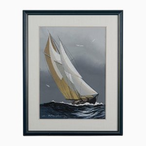 Leon Haffner, Boat in the Storm, 20th Century, Stencil Gouache, Framed