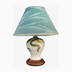 Smaragdgrüne Vintage Lampe aus Keramik mit Leinenschirm, 1950er