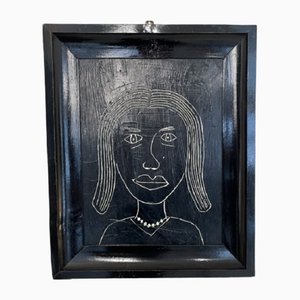 Felix Bachmann, Portrait de Femme Noir, 2022, Acrylique sur Bois, Encadré