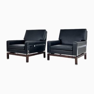 Wood, Chrome and Imitation Black Leather Lounge Chairs, 1950s, Set of 2