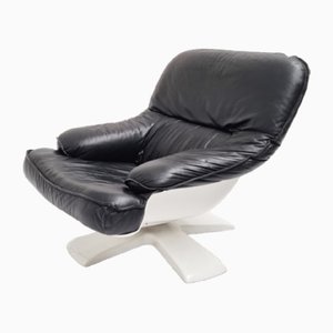 Space Age Lounge Chair In White Fiberglass and Black Leather, 1970s