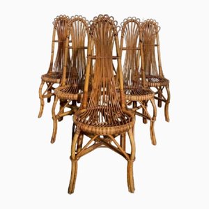 Mid-Century Modern French High Back Dining Chairs in Bamboo and Rattan, 1960s, Set of 6