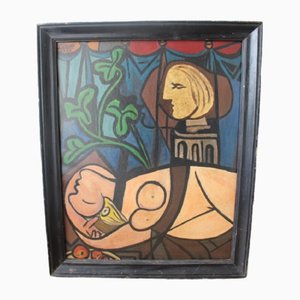 Follower of Picasso, Cubist Composition with Erotic Figures, 1970s, Oil on Board, Framed