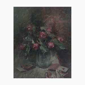Henri Fehr, Still Life with Roses and Card Game, Oil on Canvas, 1920s, Framed