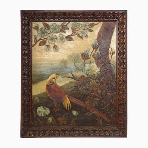Pheasant in Nature, 1800s, Oil on Leather, Framed